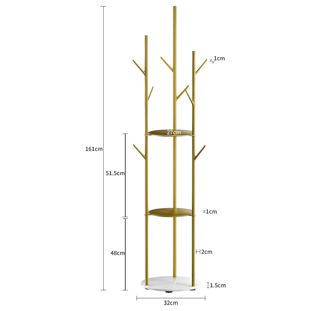 Minimalist gold steel coat rack with faux marble base and multiple hooks for entryway organization — view 2