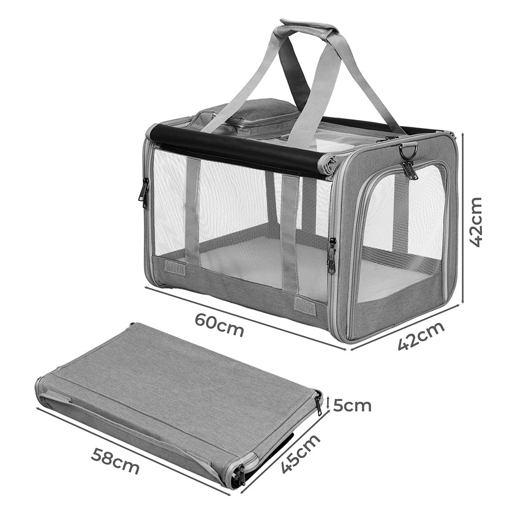 Large grey soft sided pet carrier bag with breathable mesh windows and padded shoulder strap — view 2
