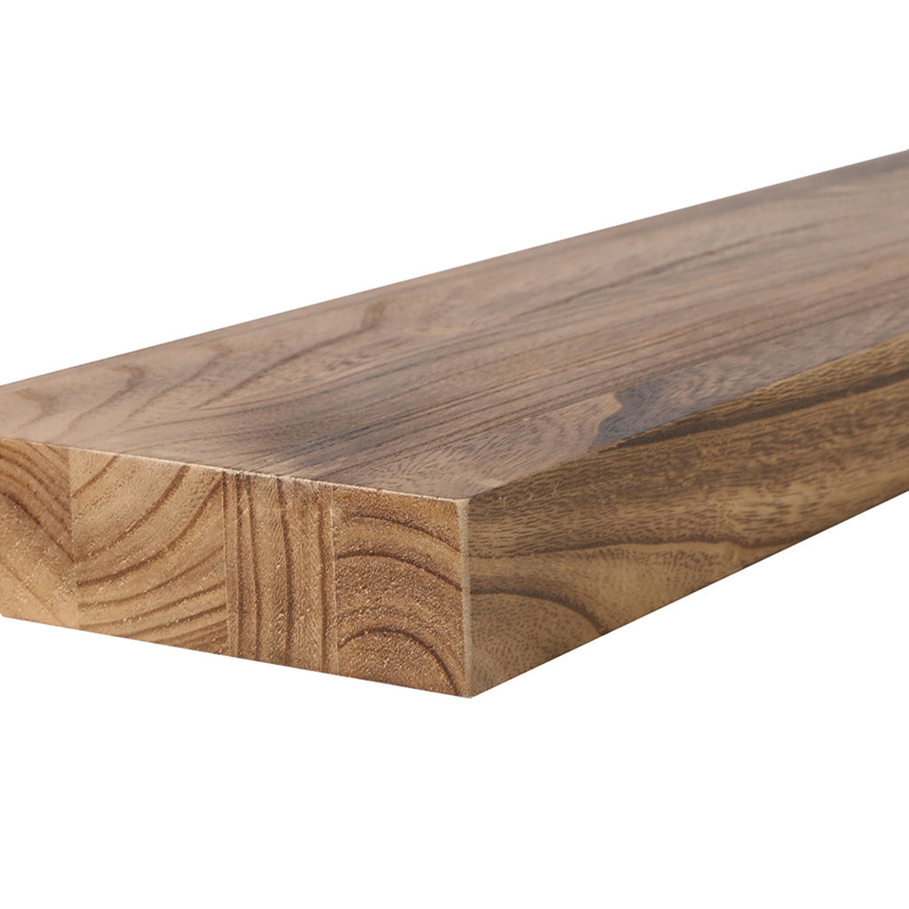 Two natural Paulownia wood floating shelves mounted on a wall displaying decorative living room items — view 3