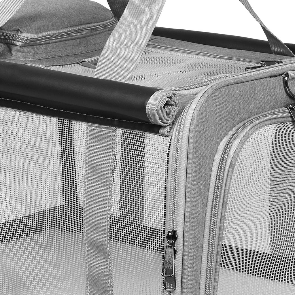 Large grey soft sided pet carrier bag with breathable mesh windows and padded shoulder strap — view 3
