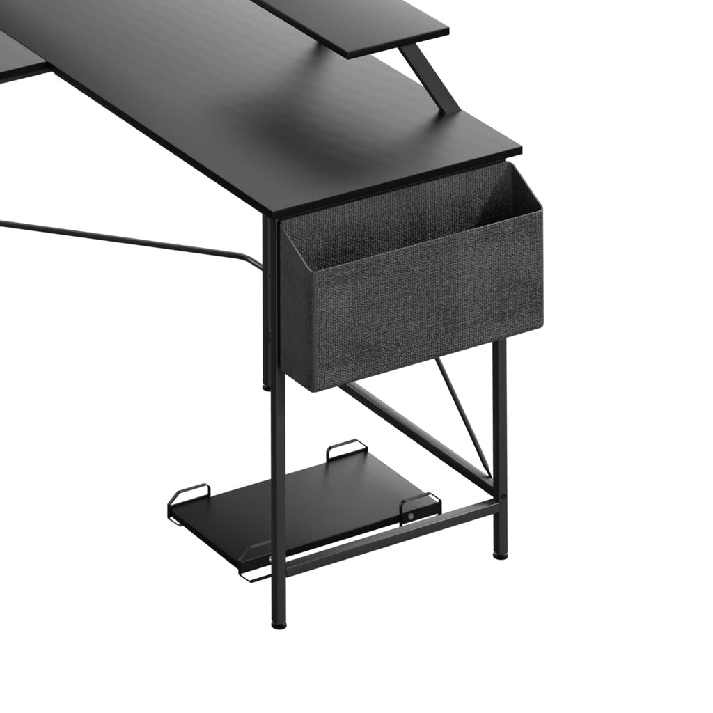 Black L-shaped corner desk with movable monitor stand and side storage bag for home office — view 3