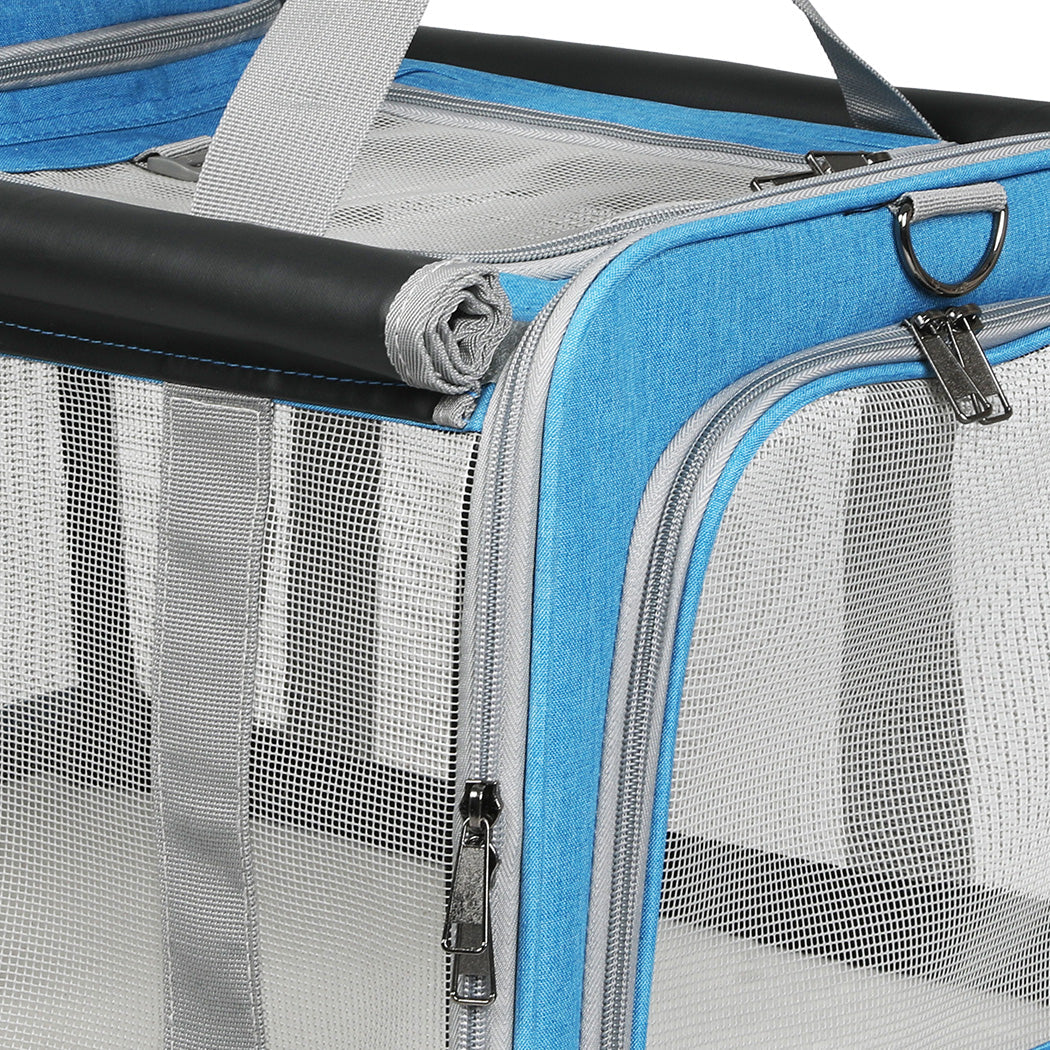 Blue foldable soft pet carrier bag with breathable mesh windows and comfortable shoulder strap. — view 3