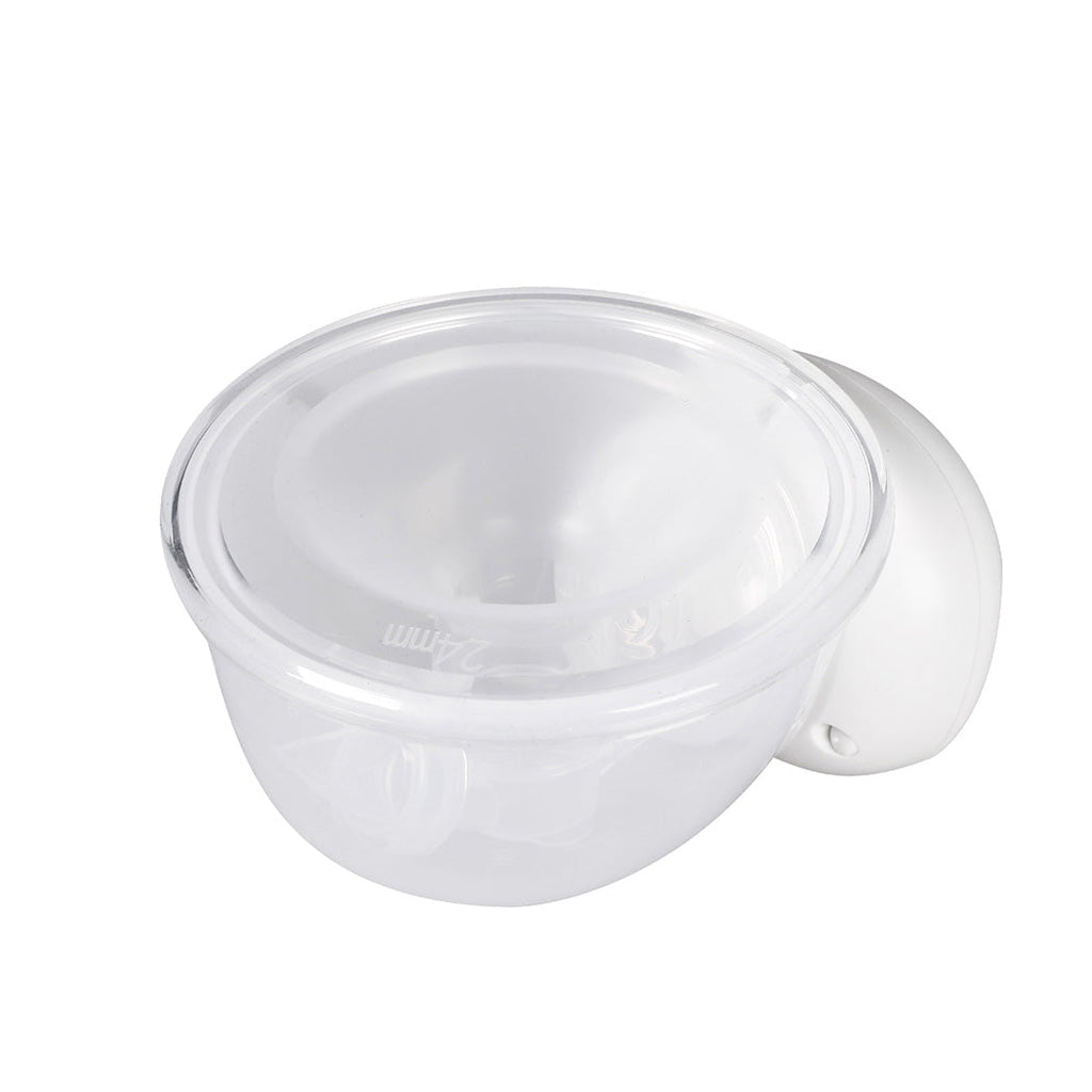 Clear and white wearable electric breast pump with silicone flange and digital motor — view 3