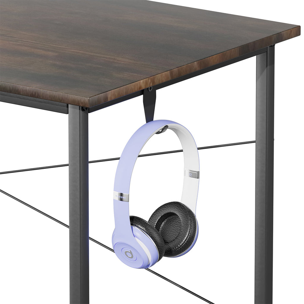 Levede 80cm computer desk with brown MDF top, black metal frame, and side storage bag — view 3