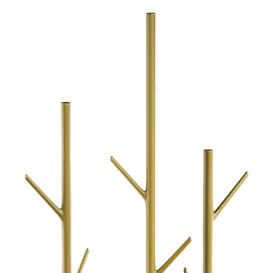 Minimalist gold steel coat rack with faux marble base and multiple hooks for entryway organization — view 3