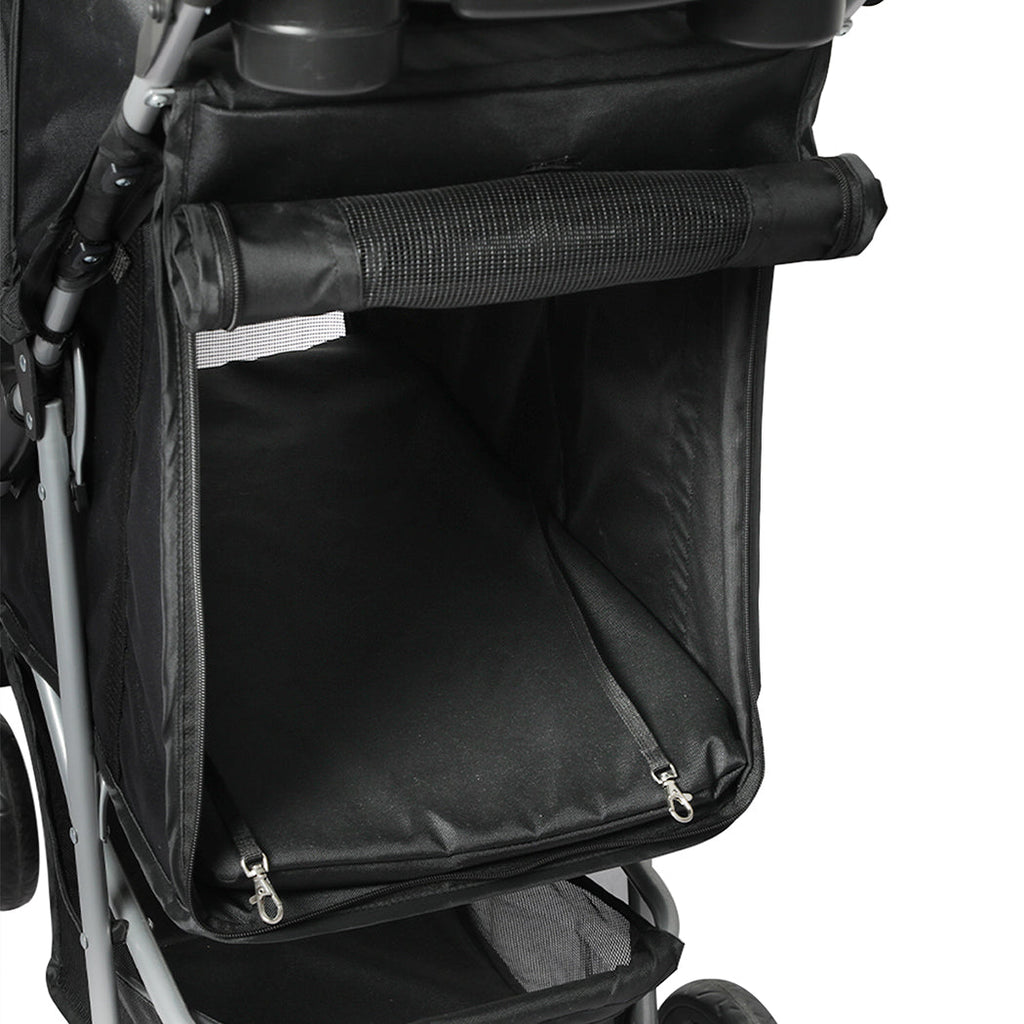 Large black pet stroller with a foldable steel frame, mesh windows, and durable waterproof fabric — view 3