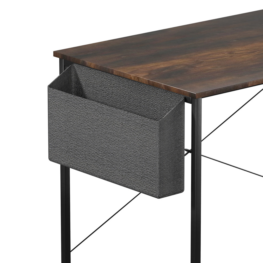 Brown industrial L-shaped computer desk with steel frame and three-tier storage rack — view 3