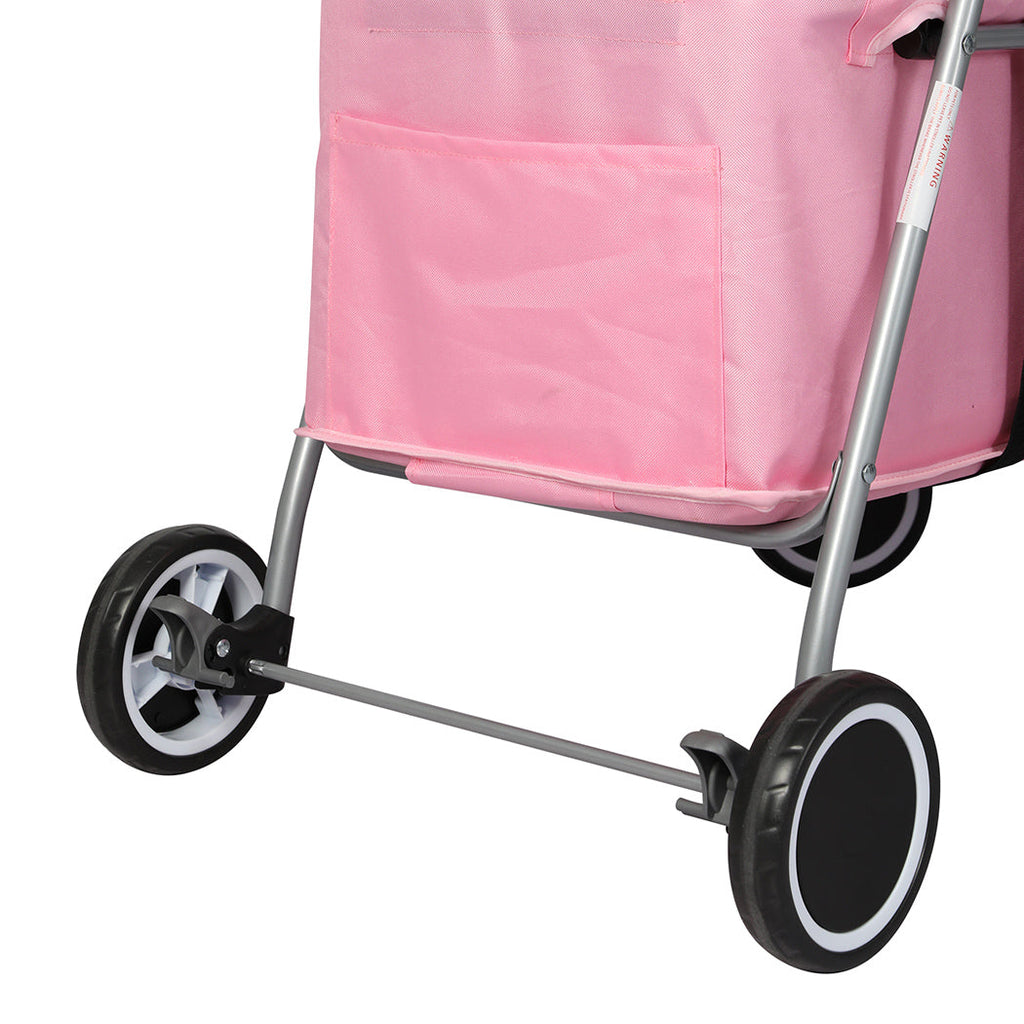 Pink foldable PaWz pet stroller with breathable canopy, detachable carrier basket, and sturdy black wheels. — view 3