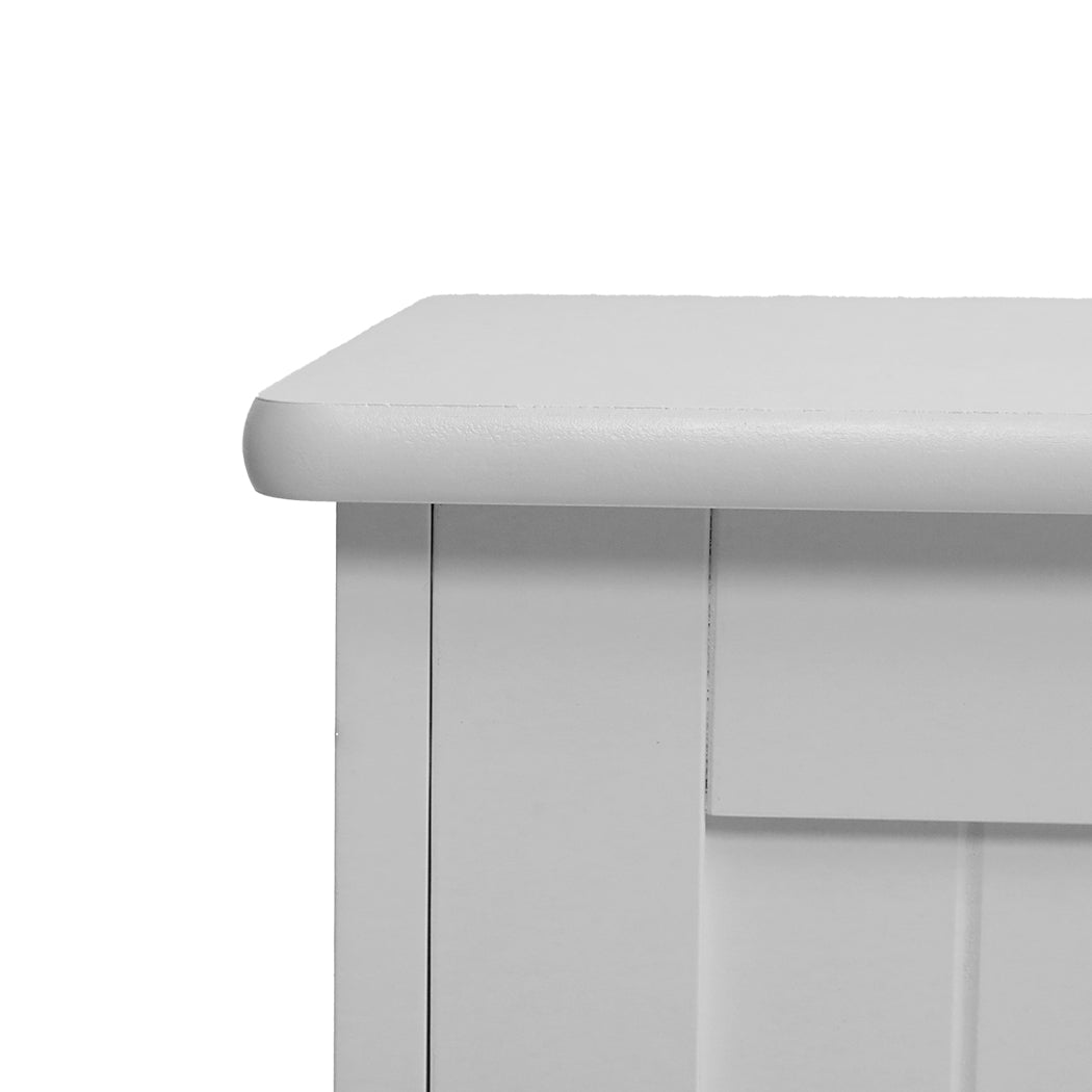White wooden kids toy box storage chest with open lid showing soft-close safety hinges — view 3