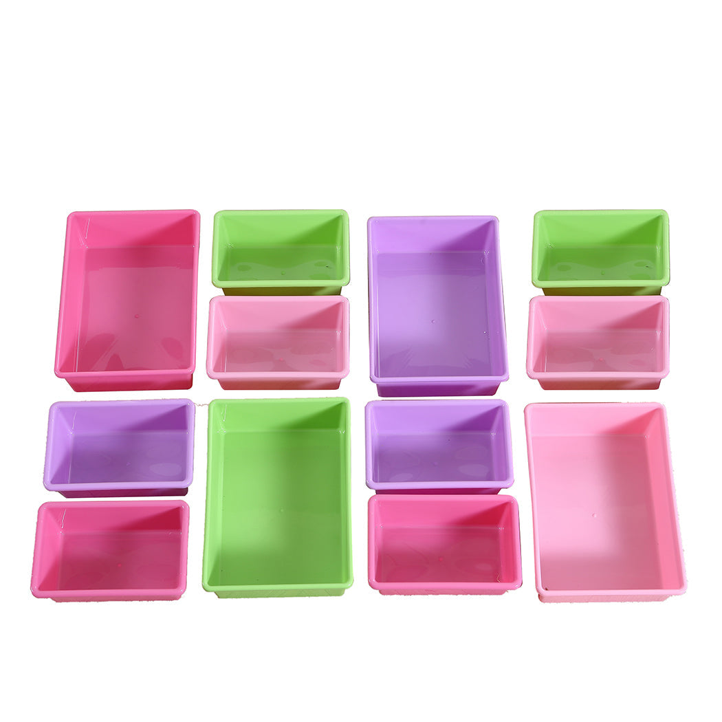 White wooden kids toy organizer bookshelf featuring 12 colorful plastic storage bins in various sizes — view 3