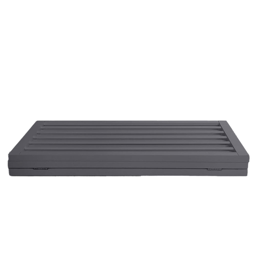 Grey wooden freestanding three panel pet gate folded out on a flat floor surface — view 3