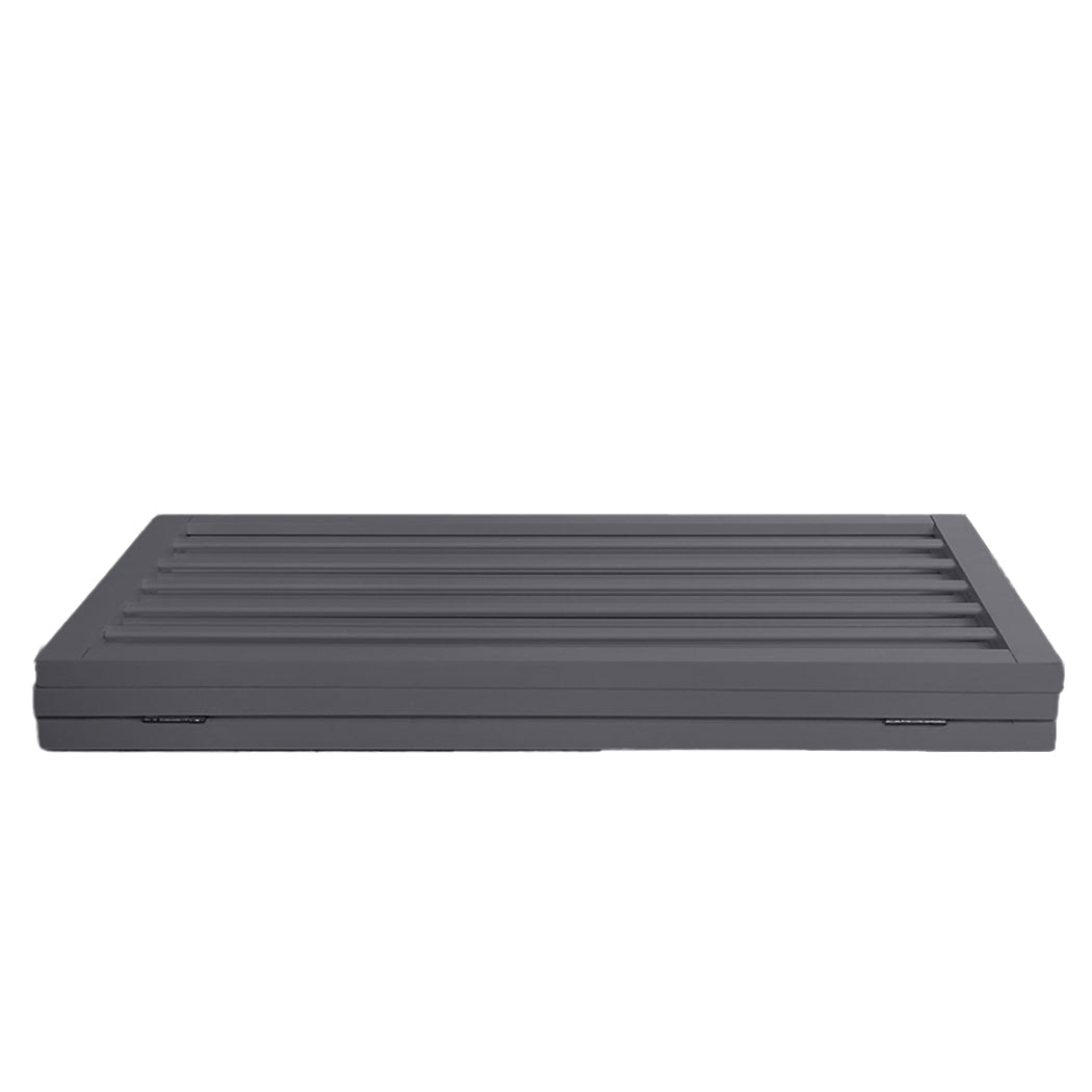 Grey wooden freestanding three panel pet gate folded out on a flat floor surface — view 3