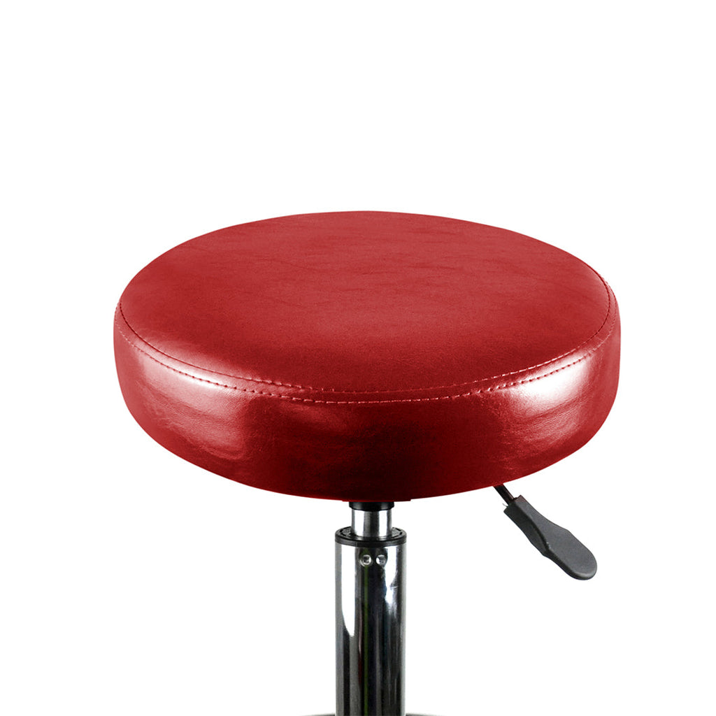 Two burgundy PU leather swivel salon stools with steel frames and rolling casters — view 3