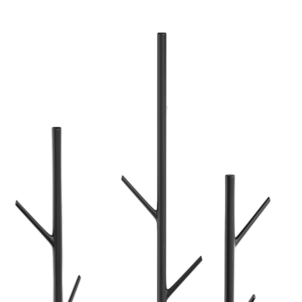 Black steel coat rack with gold accents, storage shelves, hooks, and a faux marble base — view 3