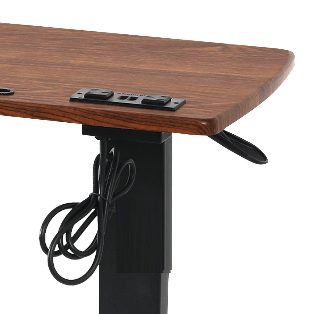 Light brown height adjustable standing desk with steel frame and built in charging ports — view 3