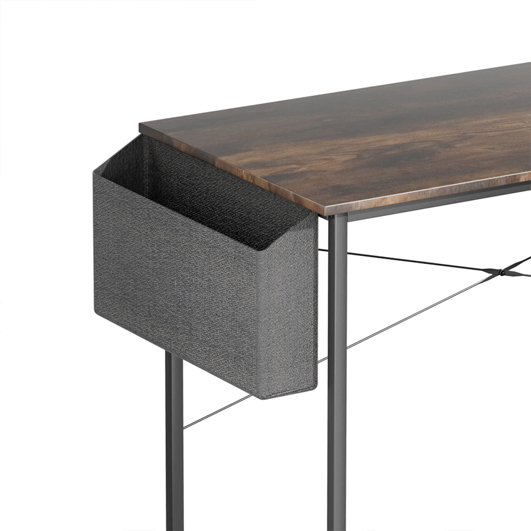 Levede 80cm computer desk with brown MDF top, black metal frame, and side storage bag — view 4