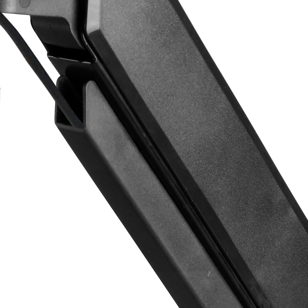 Black dual monitor arm desk mount made of aluminum alloy holding two screens — view 4