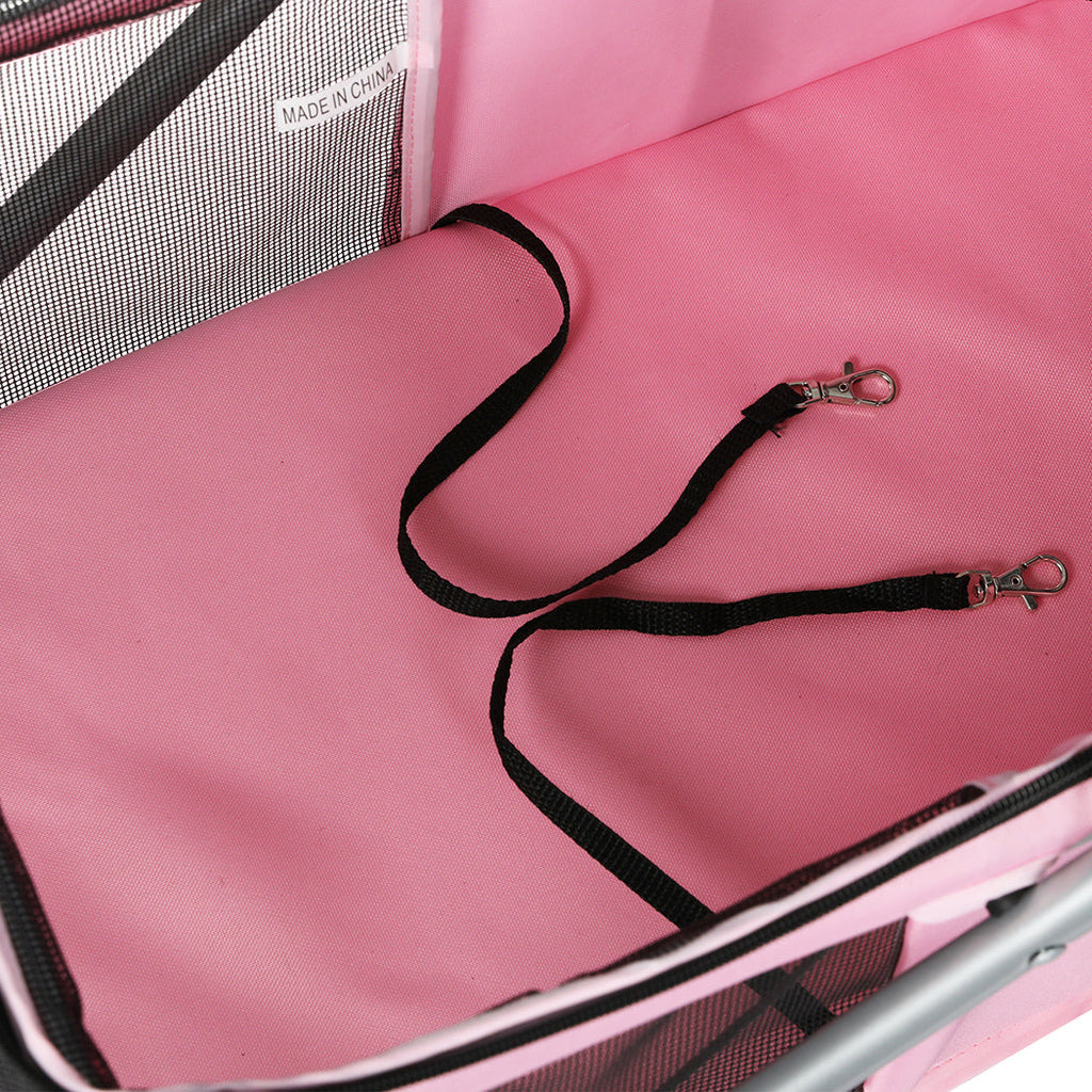 Pink foldable PaWz pet stroller with breathable canopy, detachable carrier basket, and sturdy black wheels. — view 4