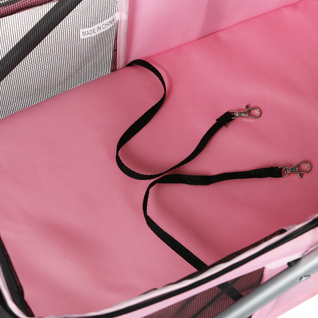 Pink foldable PaWz pet stroller with breathable canopy, detachable carrier basket, and sturdy black wheels. — view 4
