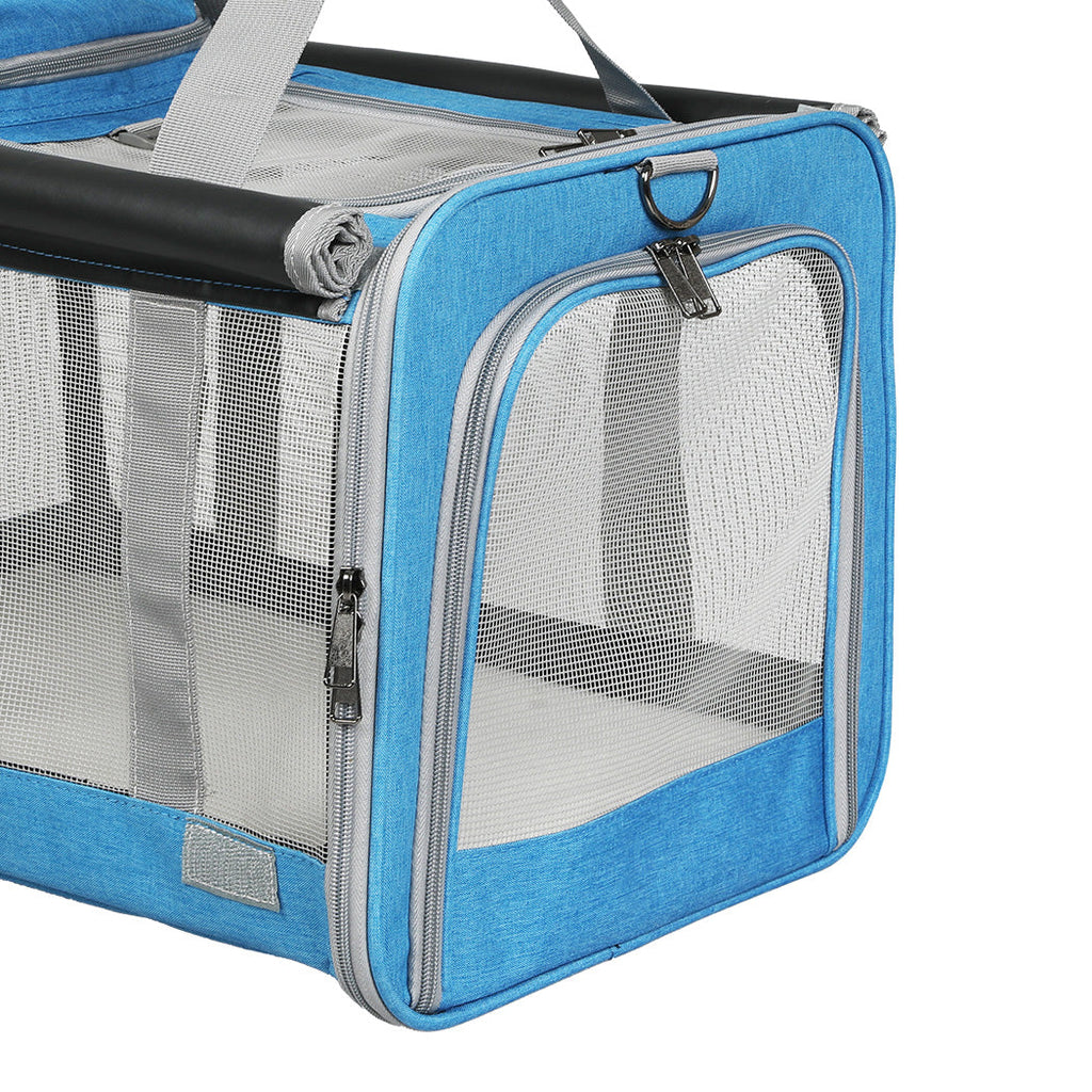 Blue foldable soft pet carrier bag with breathable mesh windows and comfortable shoulder strap. — view 4