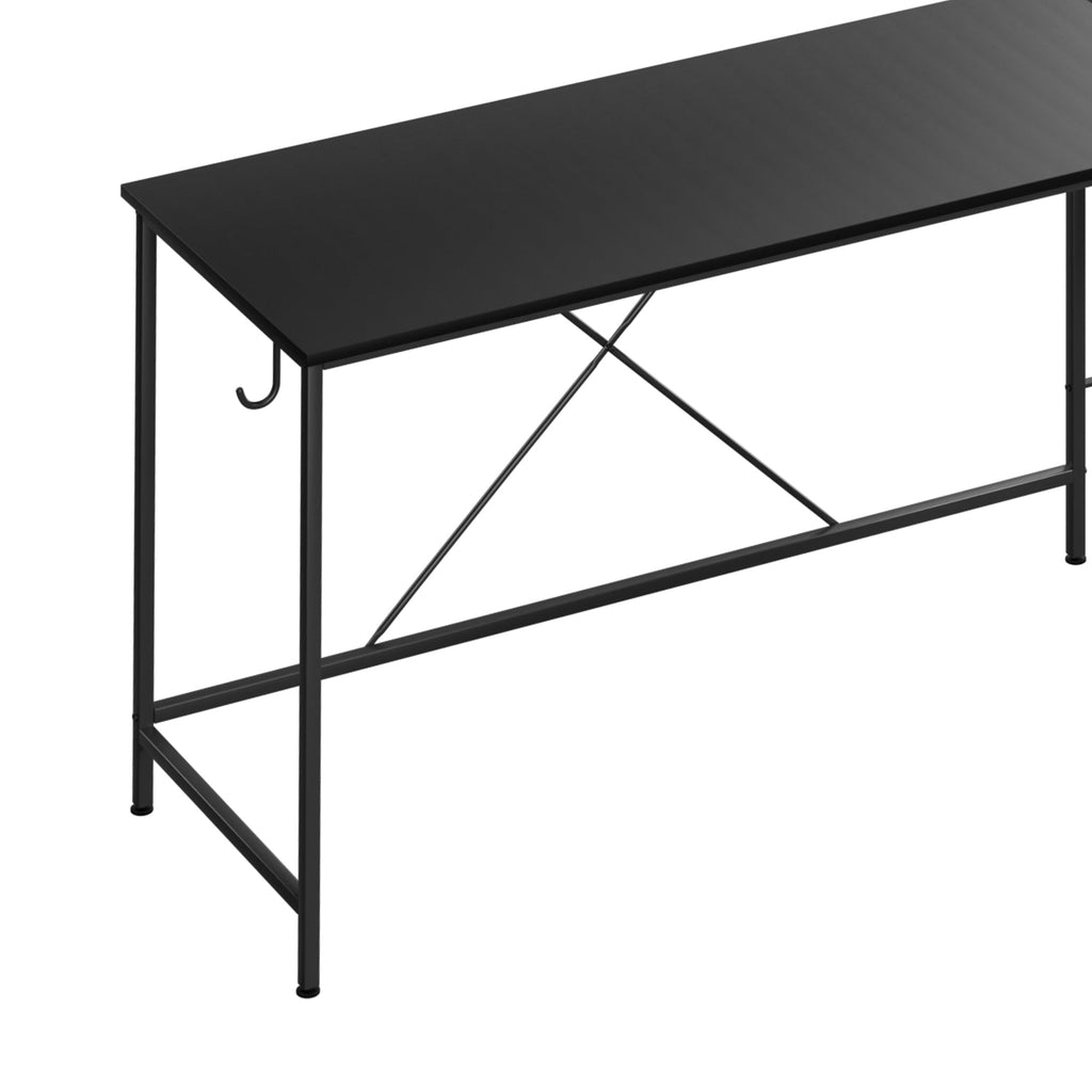 Black L-shaped corner desk with movable monitor stand and side storage bag for home office — view 4