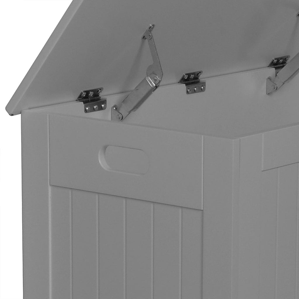 Grey wooden kids toy box storage chest with soft close hinges functioning as a bench — view 4