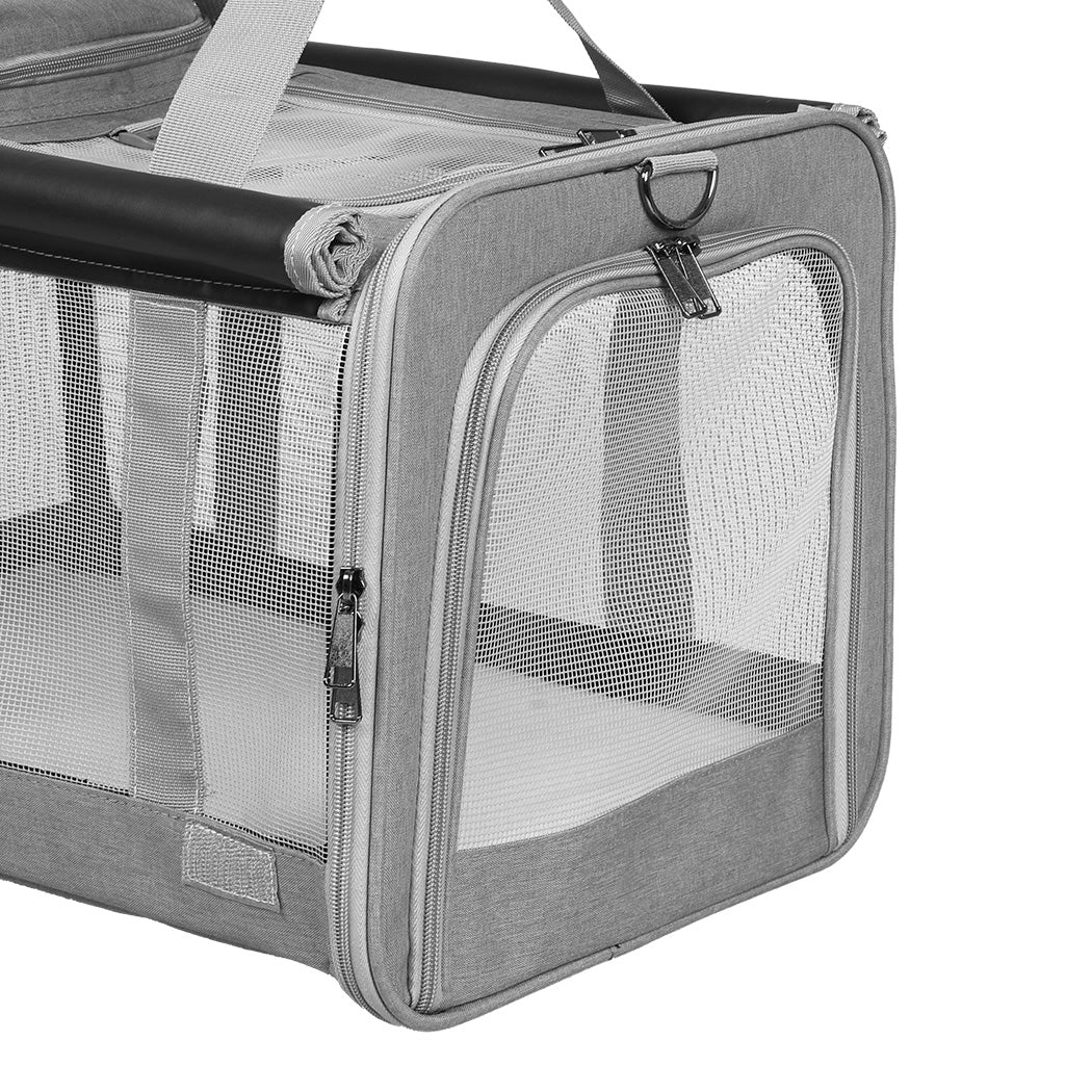 Large grey soft sided pet carrier bag with breathable mesh windows and padded shoulder strap — view 4