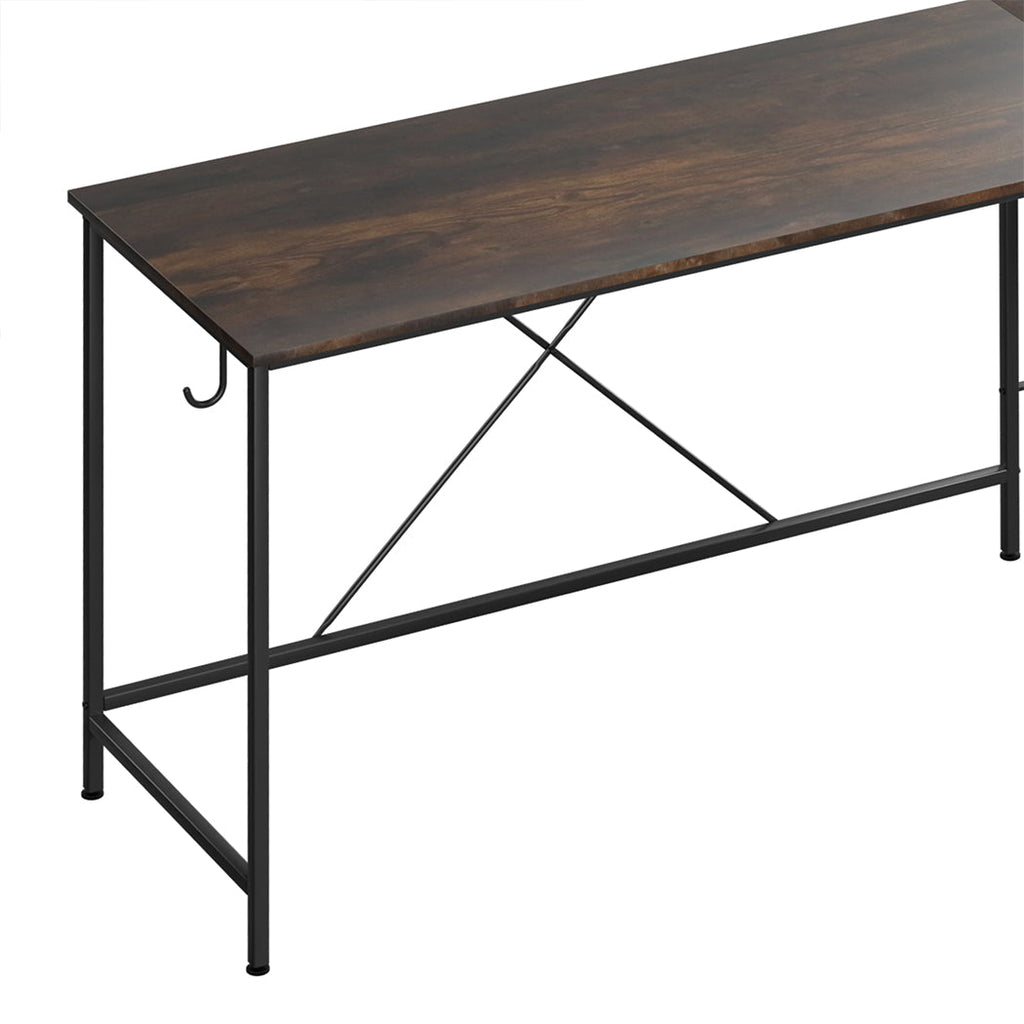 Brown L-shaped wooden computer desk with steel frame, movable monitor stand, and attached storage bag. — view 4