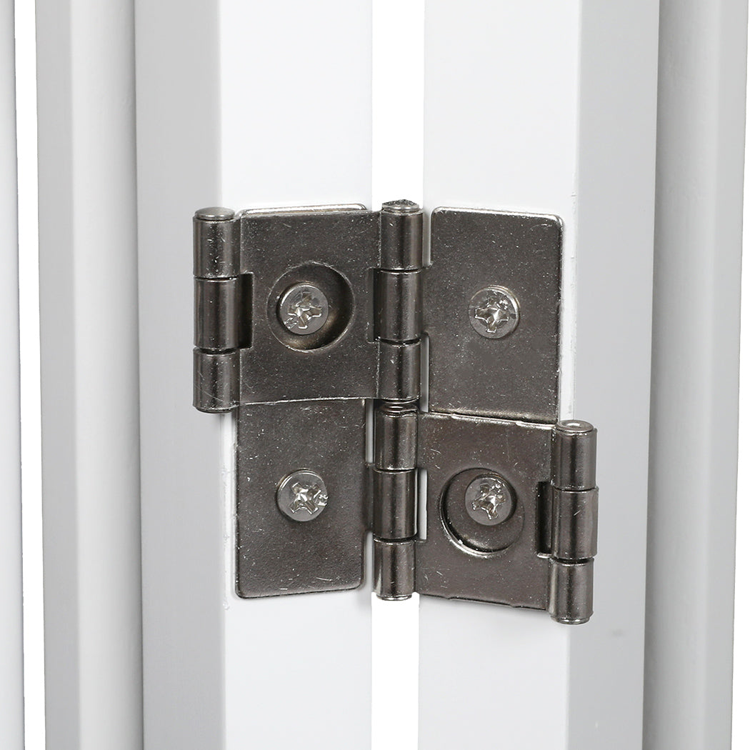 White freestanding wooden pet gate with steel hinges folded in a protective zigzag pattern — view 4