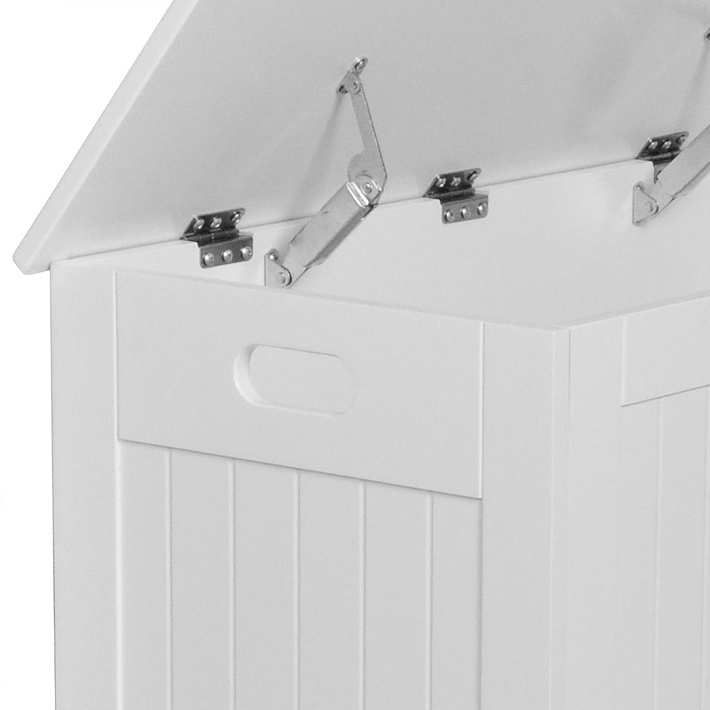 White kids toy box storage chest with soft-close hinges, used as a bench or table — view 4
