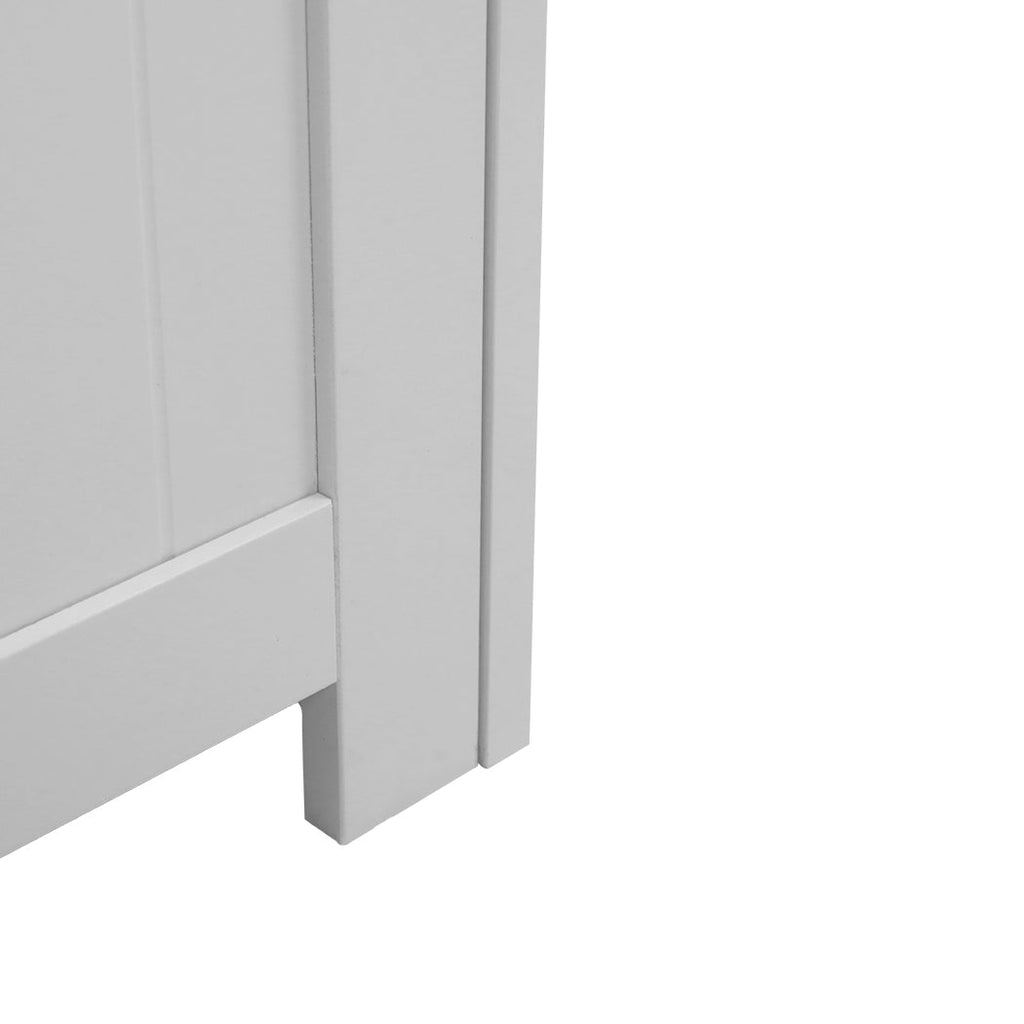 White wooden kids toy box storage chest with open lid showing soft-close safety hinges — view 4