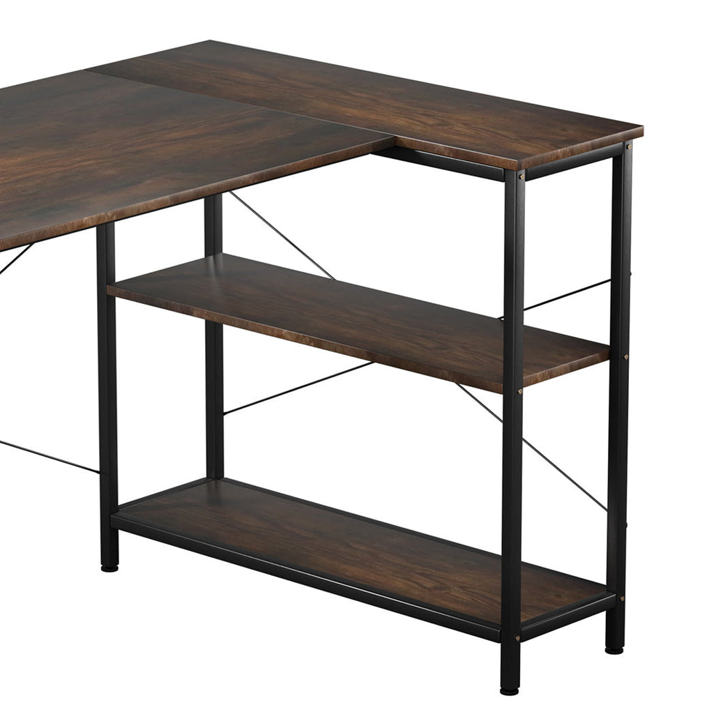 Brown industrial L-shaped computer desk with steel frame and three-tier storage rack — view 4