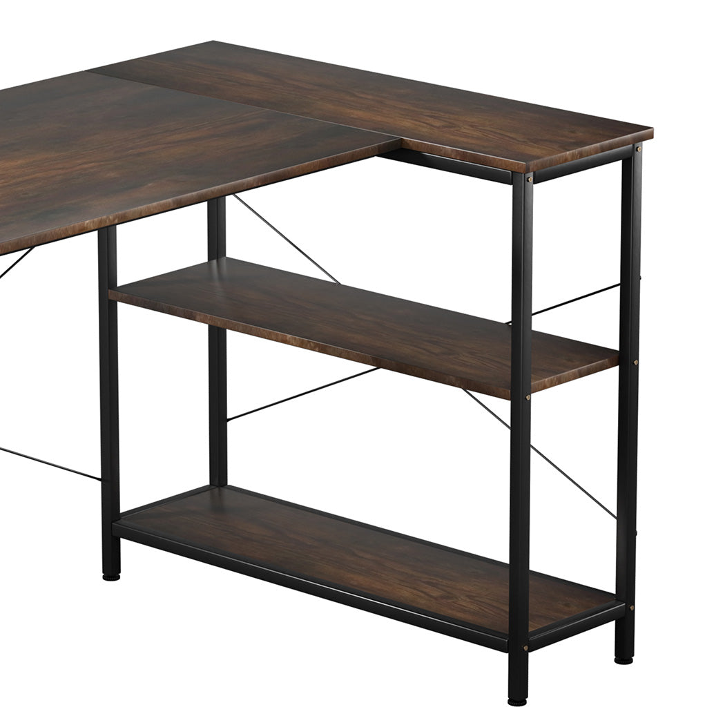 Brown industrial L-shaped computer desk with steel frame and three-tier storage rack — view 4