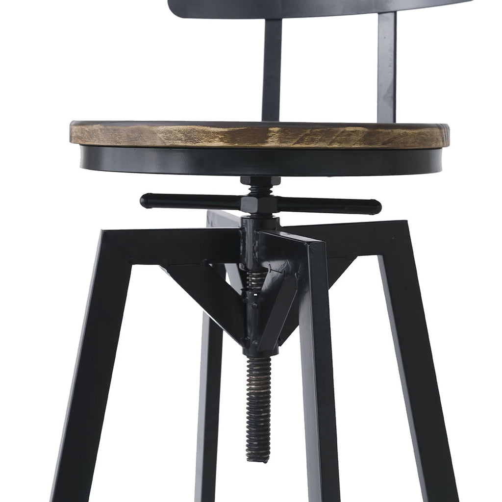 Industrial adjustable bar stool featuring a brown solid pine wood seat and sturdy dark metal frame — view 4
