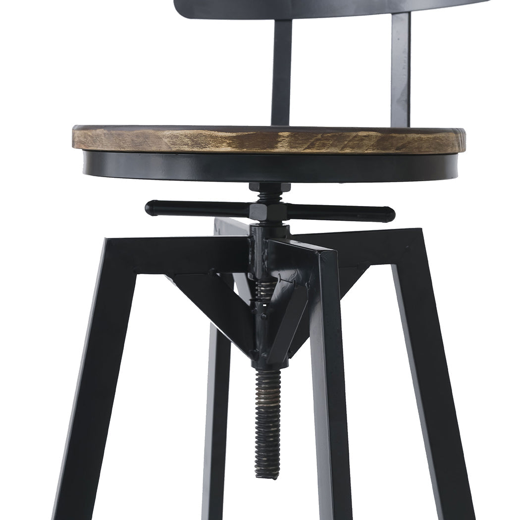 Industrial adjustable bar stool featuring a brown solid pine wood seat and sturdy dark metal frame — view 4