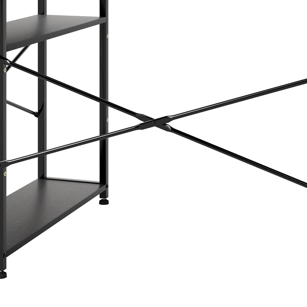 Black L-shaped gaming computer desk with steel frame and fabric storage bag for modern offices. — view 4