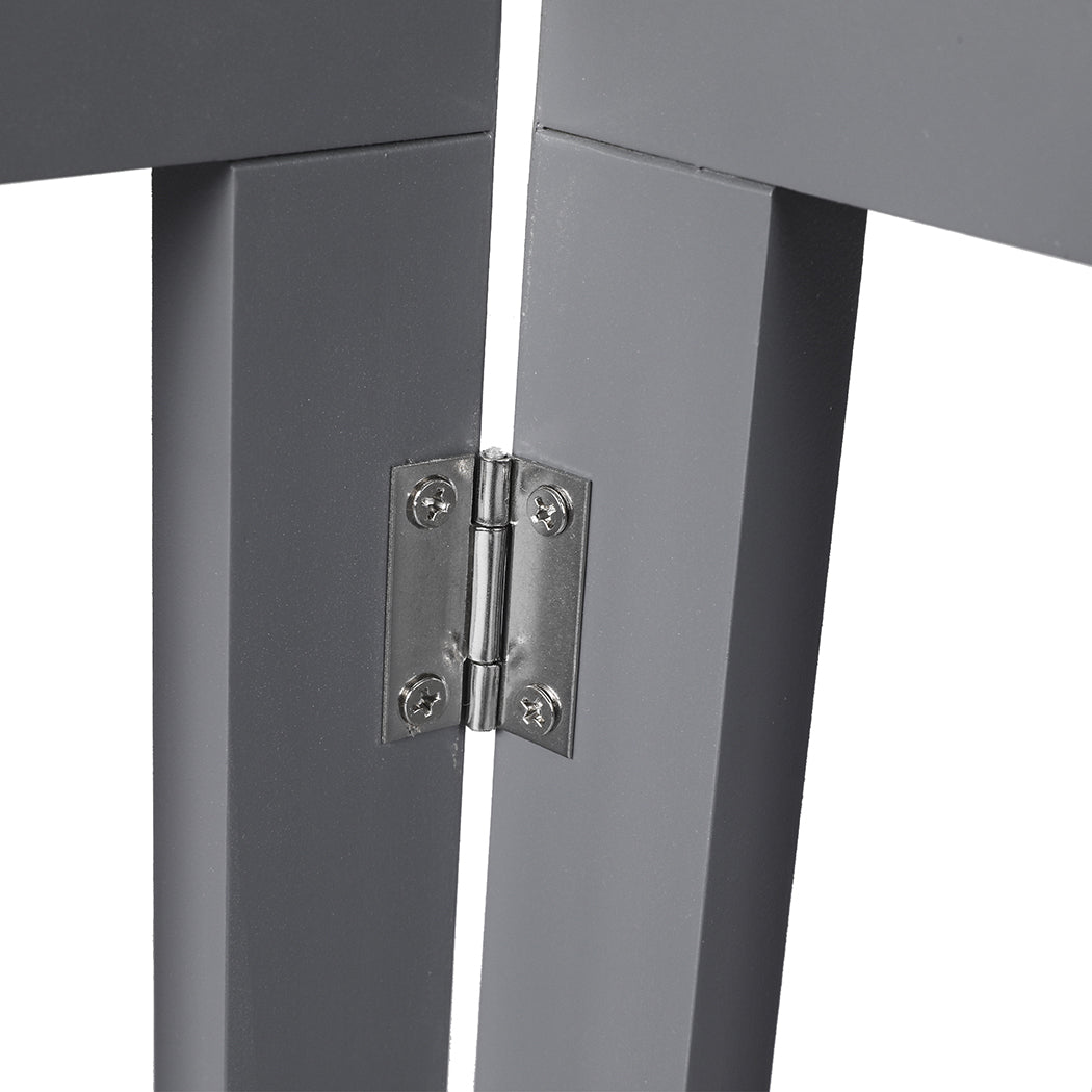 Freestanding grey wooden six panel pet gate folded open on a smooth indoor floor — view 4