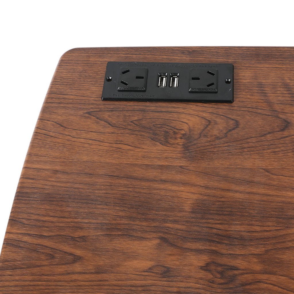 Light brown height adjustable standing desk with steel frame and built in charging ports — view 4