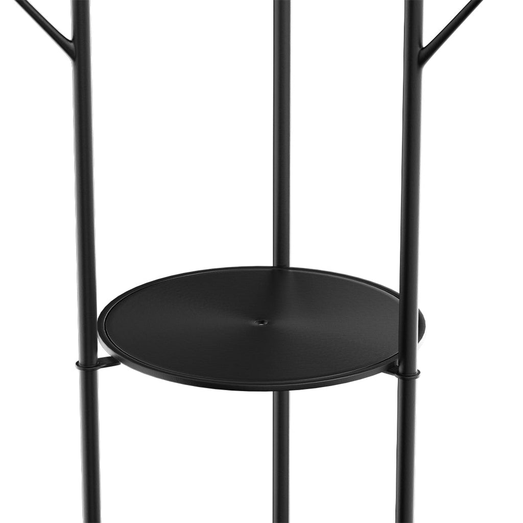 Black steel coat rack with gold accents, storage shelves, hooks, and a faux marble base — view 4