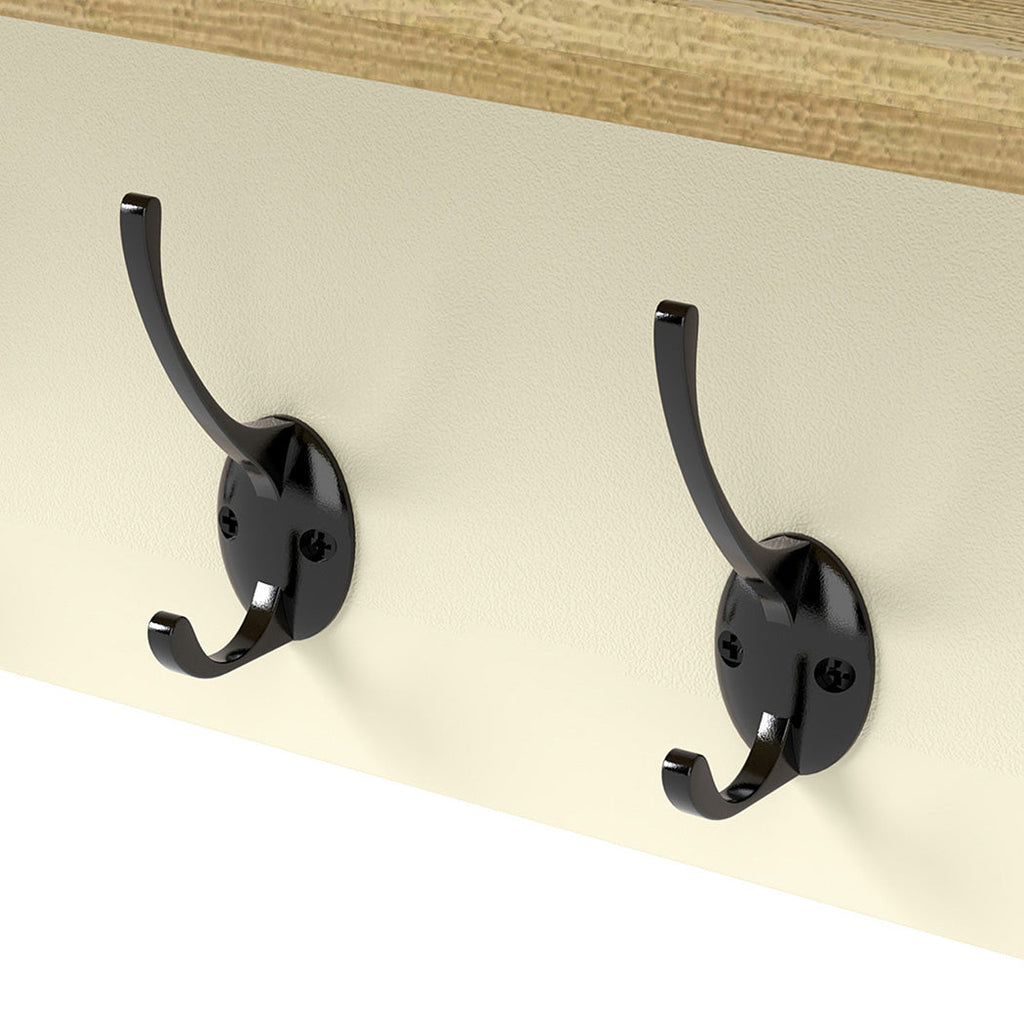 Cream wall mounted coat rack with natural oak top shelf and seven metal double hanging hooks — view 4