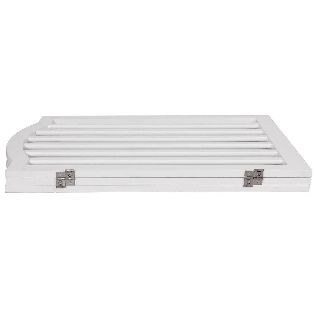 White wooden free-standing pet gate with foldable multi-panel design and stabilizing support feet — view 4