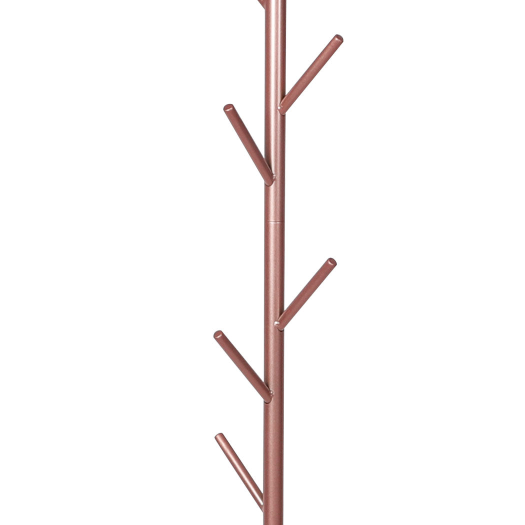 Rose gold freestanding coat rack with eight branch hooks and a faux marble base — view 5