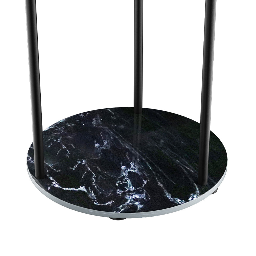 Black steel coat rack with gold accents, storage shelves, hooks, and a faux marble base — view 5