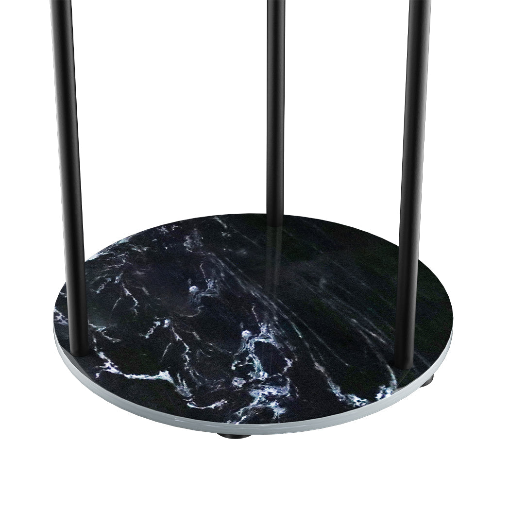 Black steel coat rack with gold accents, storage shelves, hooks, and a faux marble base — view 5