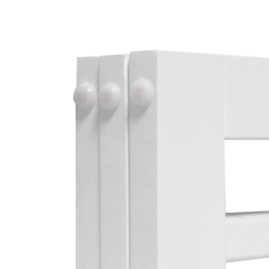White wooden free-standing pet gate with foldable multi-panel design and stabilizing support feet — view 5