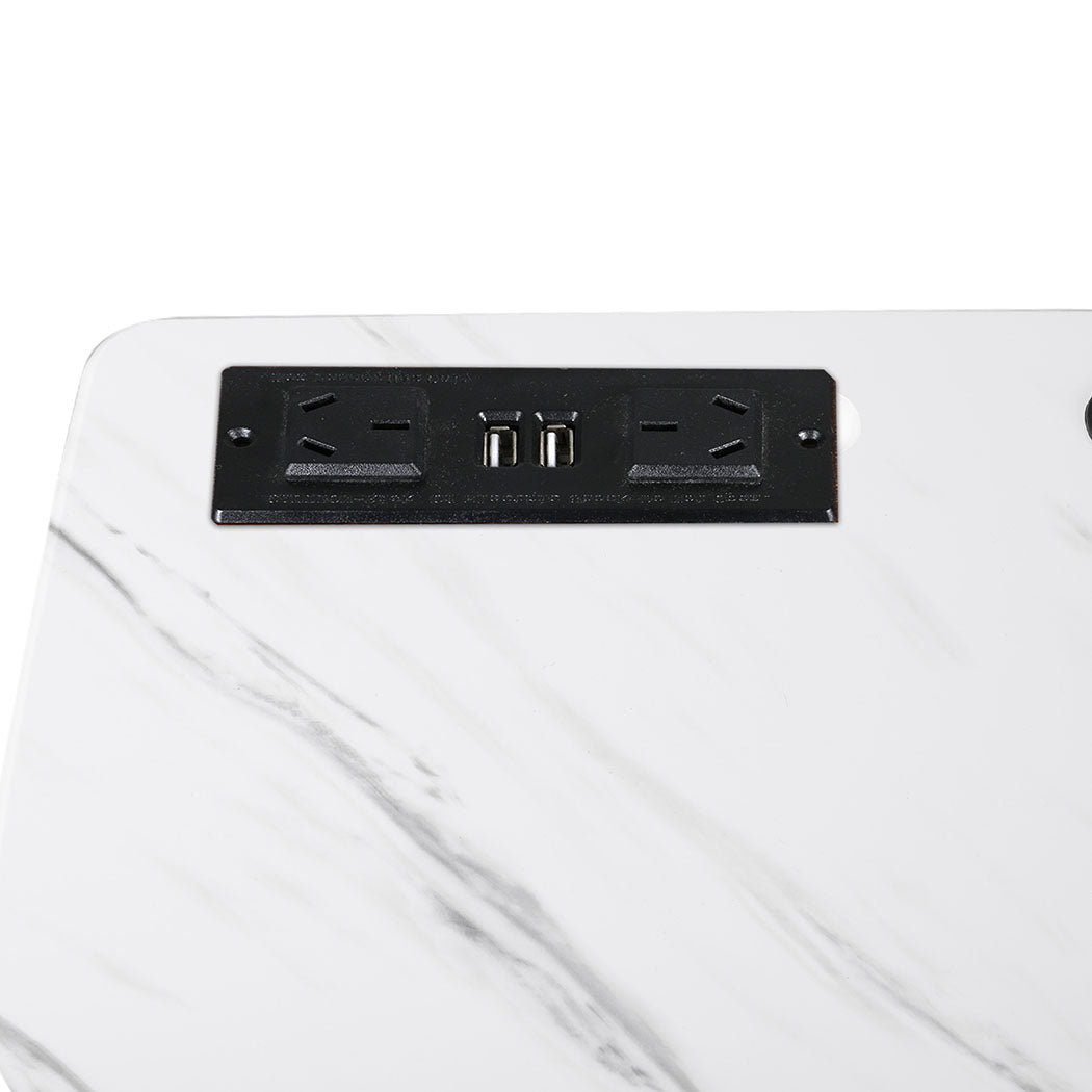 White adjustable standing desk with built in USB ports, tablet groove, and hidden wheels — view 5