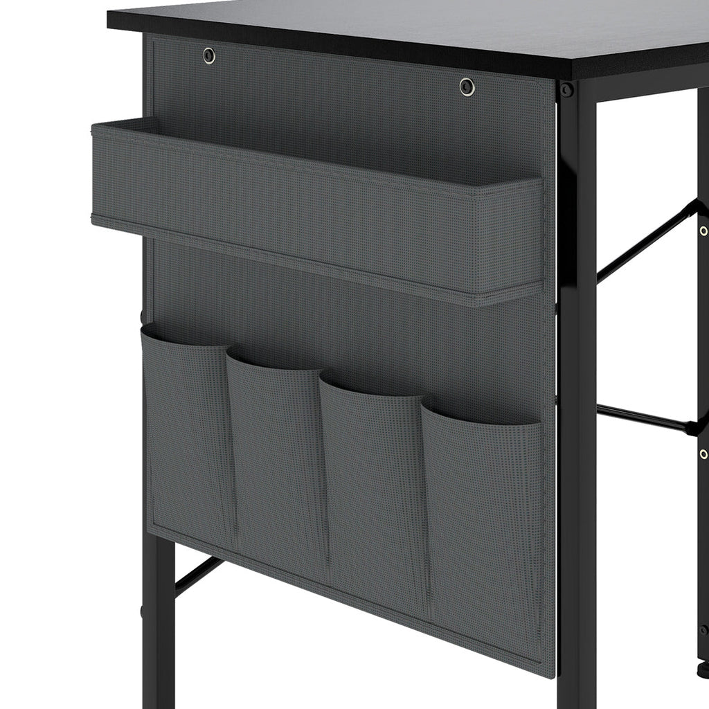 Black L-shaped gaming computer desk with steel frame and fabric storage bag for modern offices. — view 5
