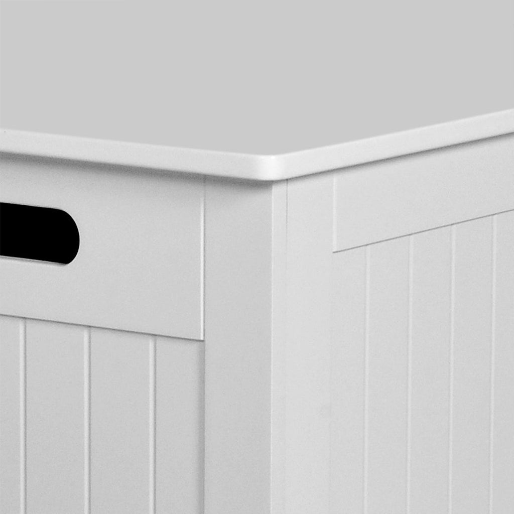 White kids toy box storage chest with soft-close hinges, used as a bench or table — view 5