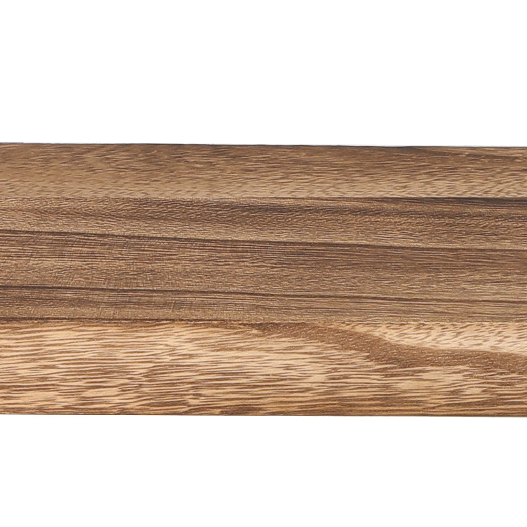 Two natural Paulownia wood floating shelves mounted on a wall displaying decorative living room items — view 5