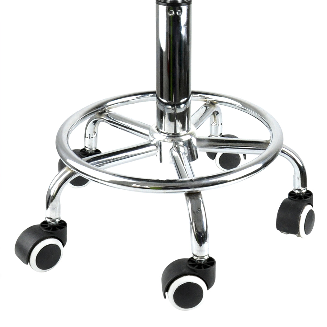 Two burgundy PU leather swivel salon stools with steel frames and rolling casters — view 5